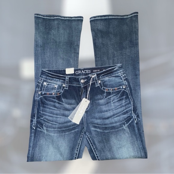 Grace in LA NWT Women's Deep Indigo Boot Cut Jeans With Aztec Pattern - Picture 7 of 9